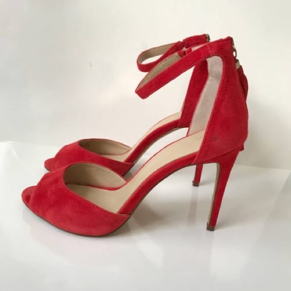 Botkier Anna Stiletto Poppy Red High Heels with Ankle Strap and Tassel